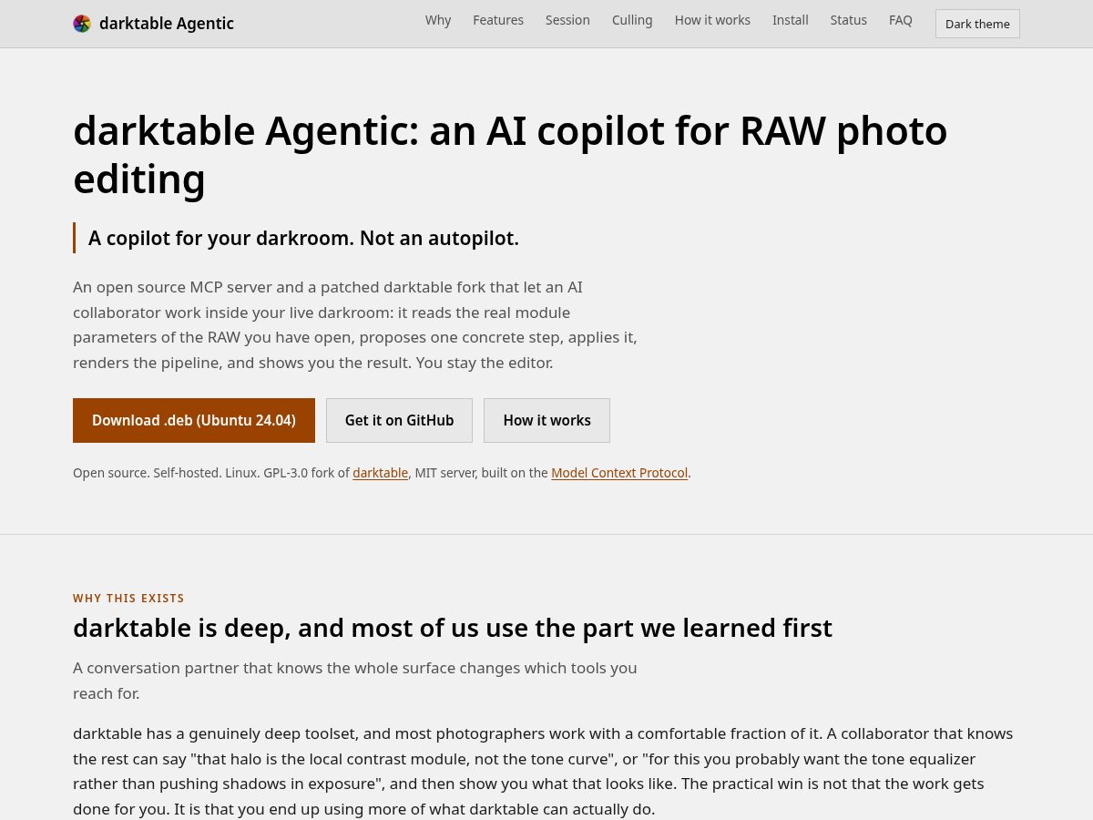 Landing-page snapshot of darktable-agentic.com