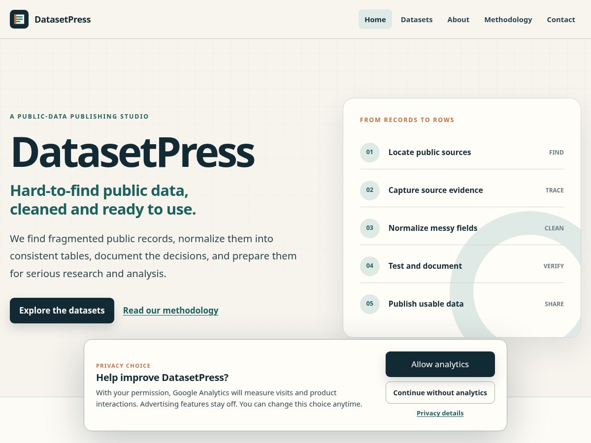 Landing-page snapshot of datasetpress.com
