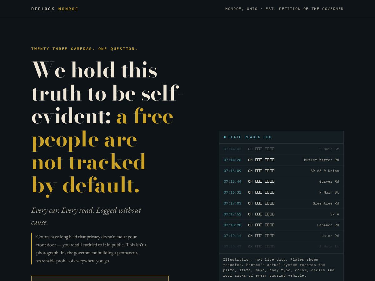 Landing-page snapshot of deflockmonroe.com