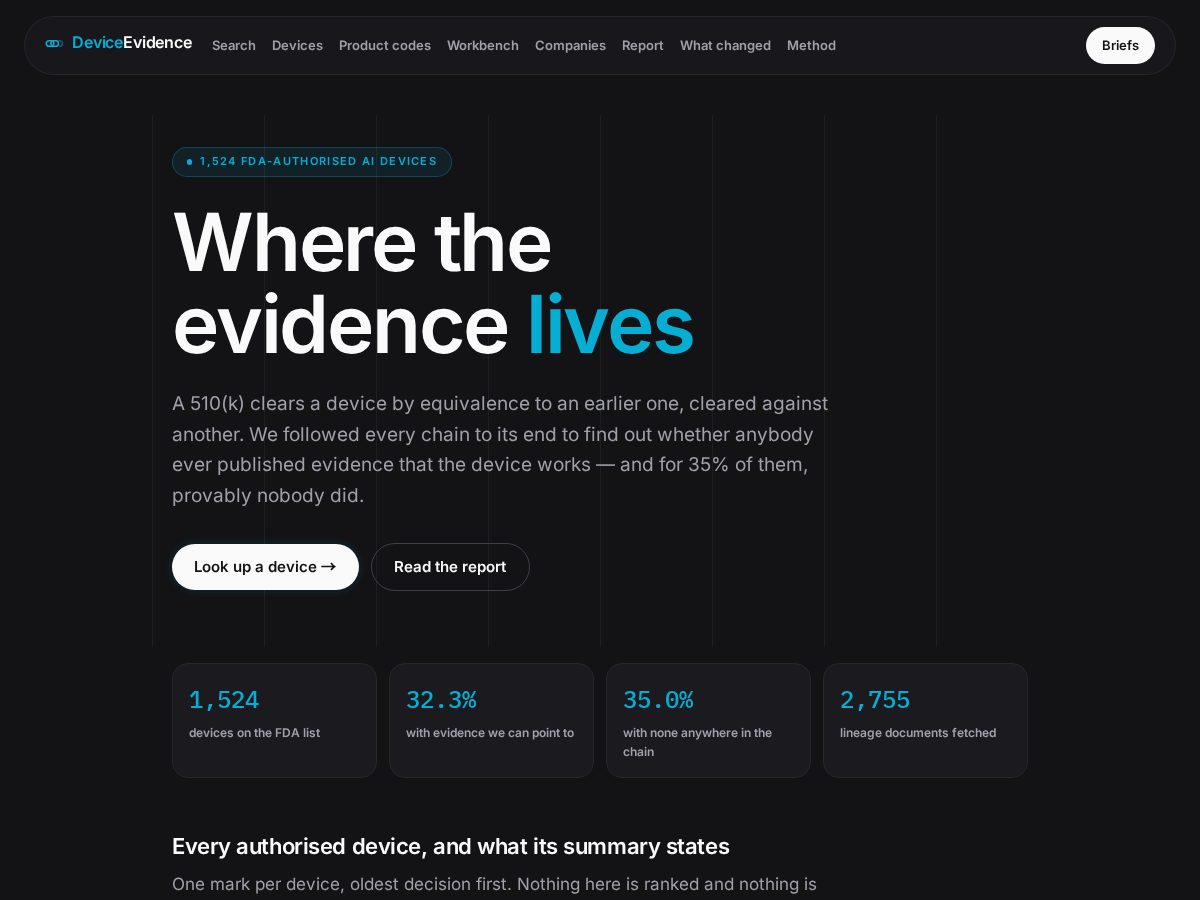 Landing-page snapshot of deviceevidence.com