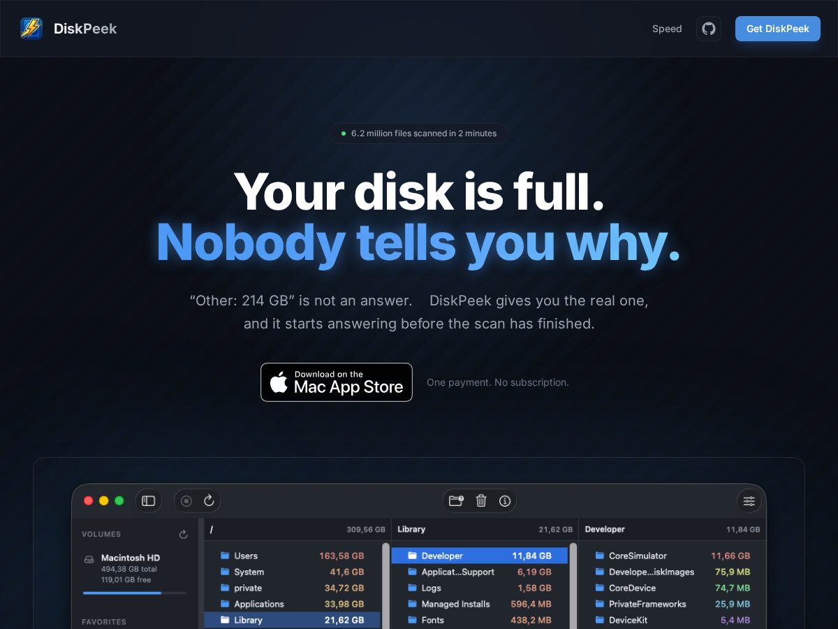 Landing-page snapshot of diskpeek.app