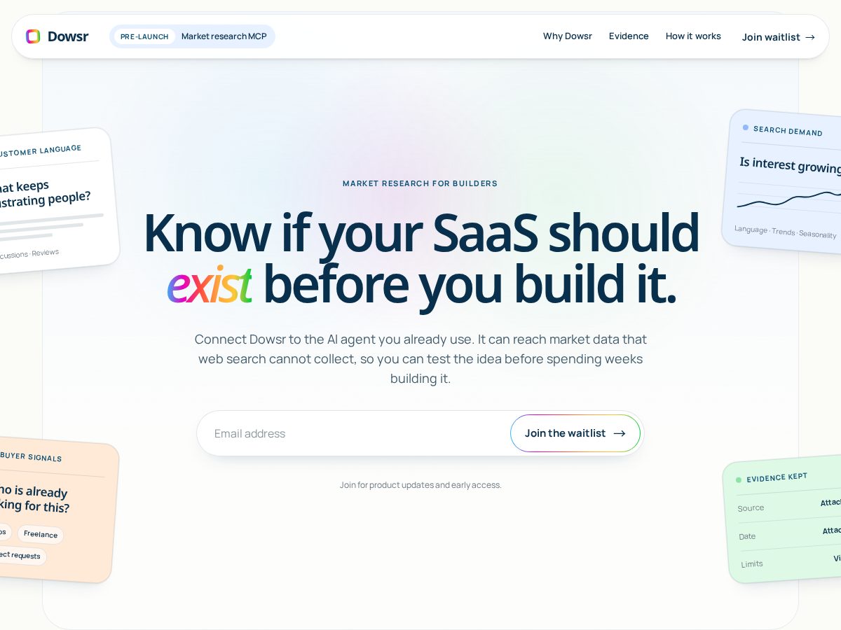 Landing-page snapshot of dowsr.app