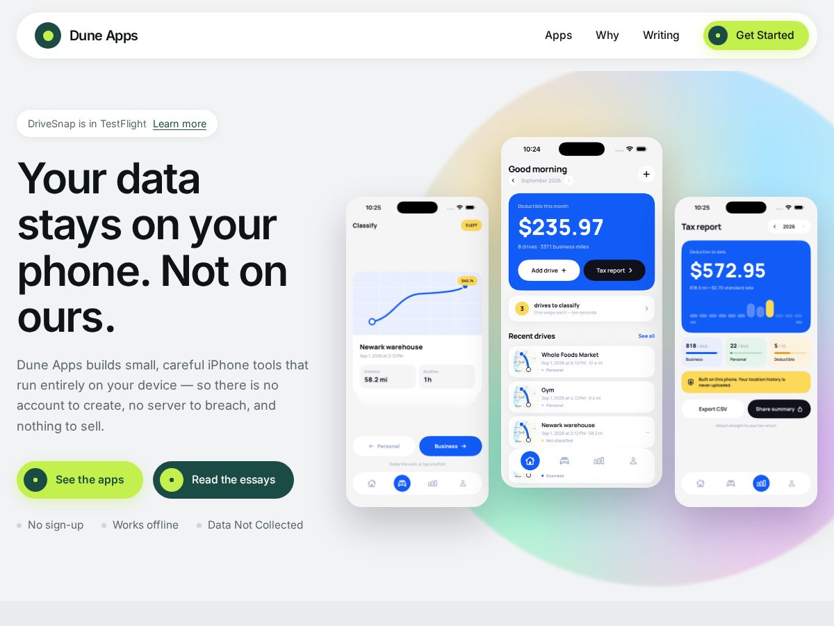 Landing-page snapshot of duneapps.com