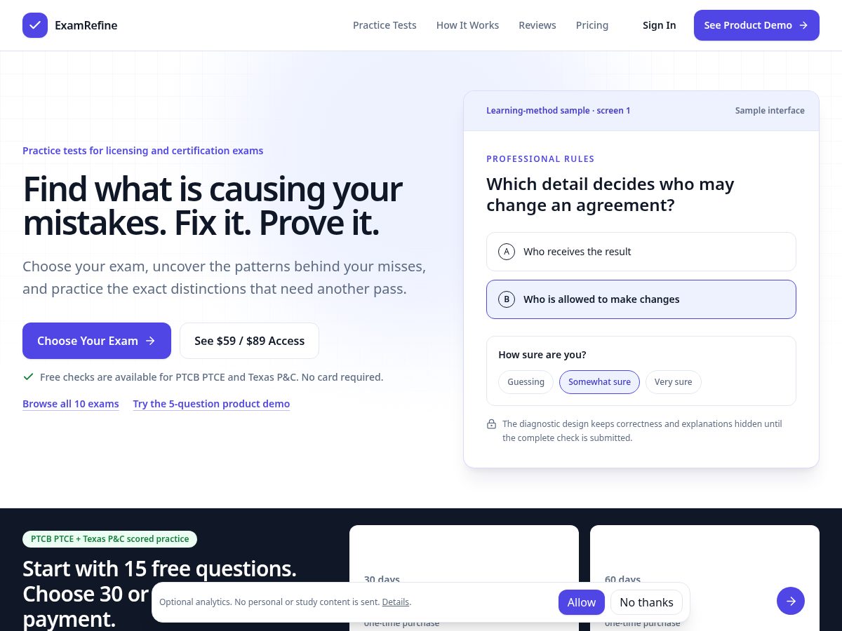 Landing-page snapshot of examrefine.com