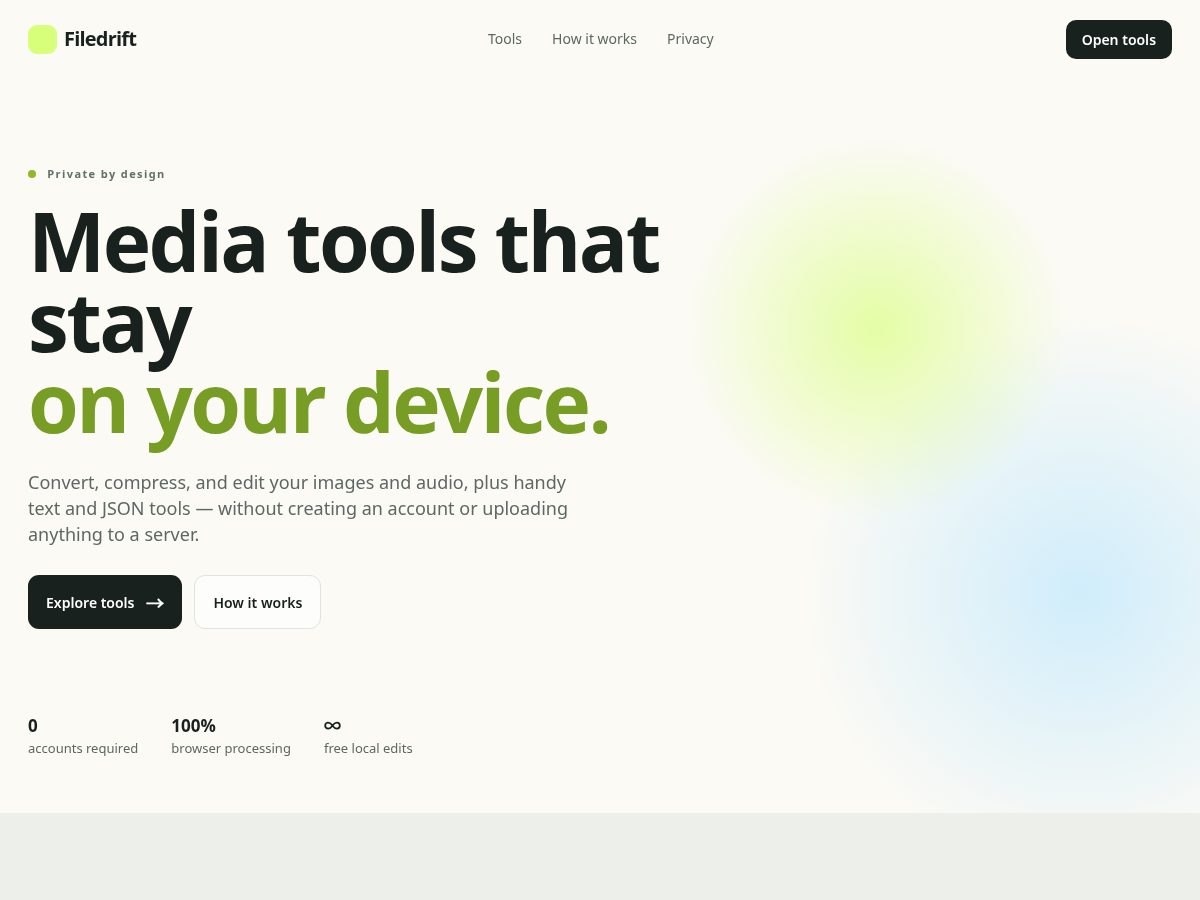 Landing-page snapshot of filedrift.tools