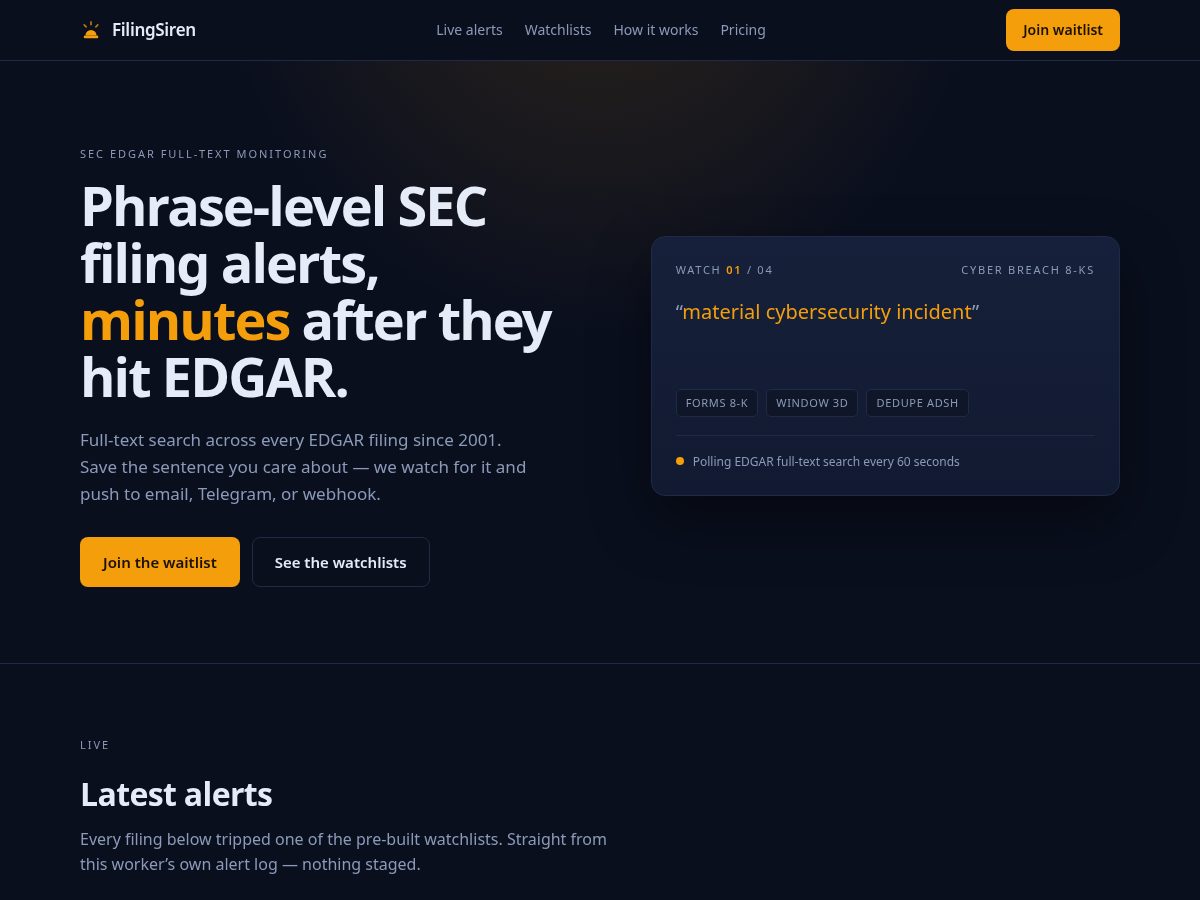 Landing-page snapshot of filingsiren.com