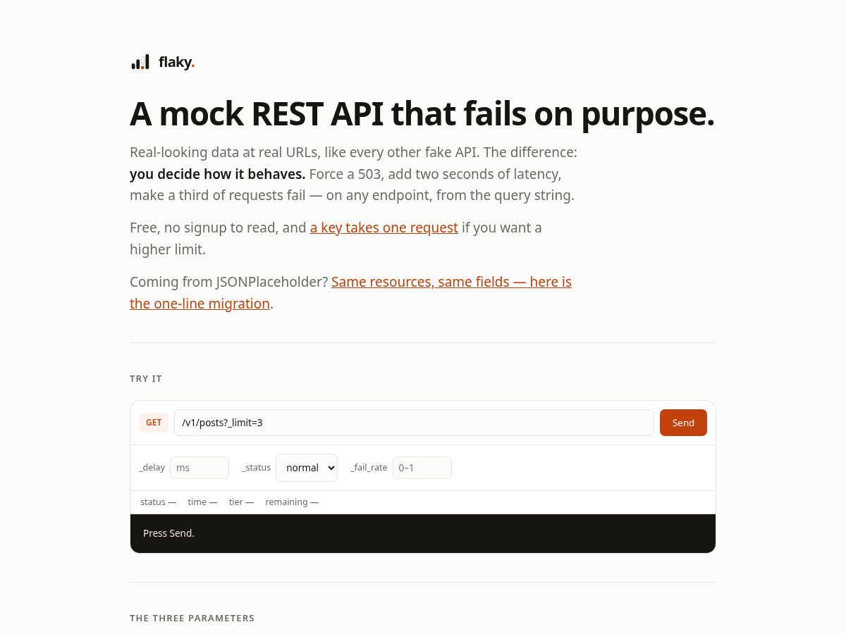 Landing-page snapshot of flakyapi.dev