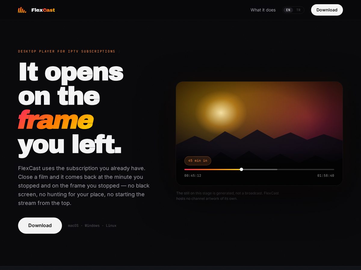 Landing-page snapshot of flexcast.app