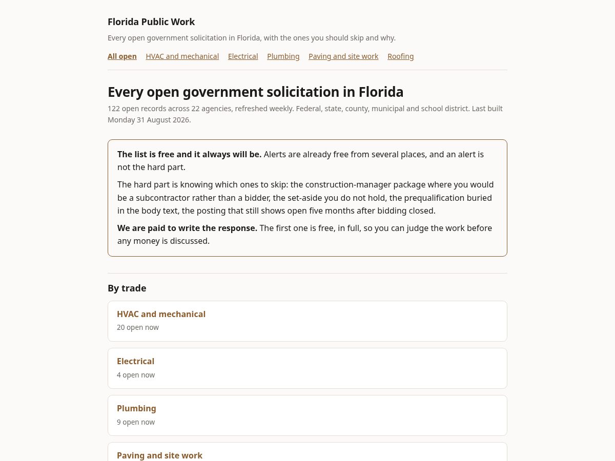 Landing-page snapshot of floridapublicwork.com