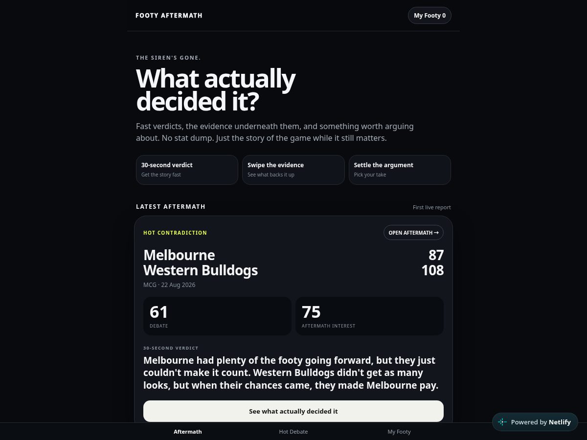 Landing-page snapshot of footyaftermath.com