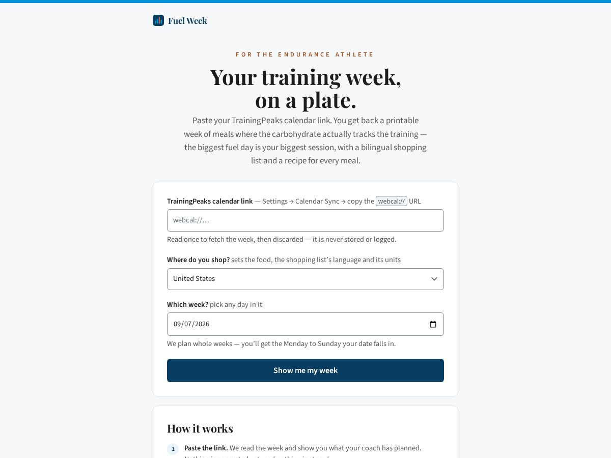 Landing-page snapshot of fuelweek.app
