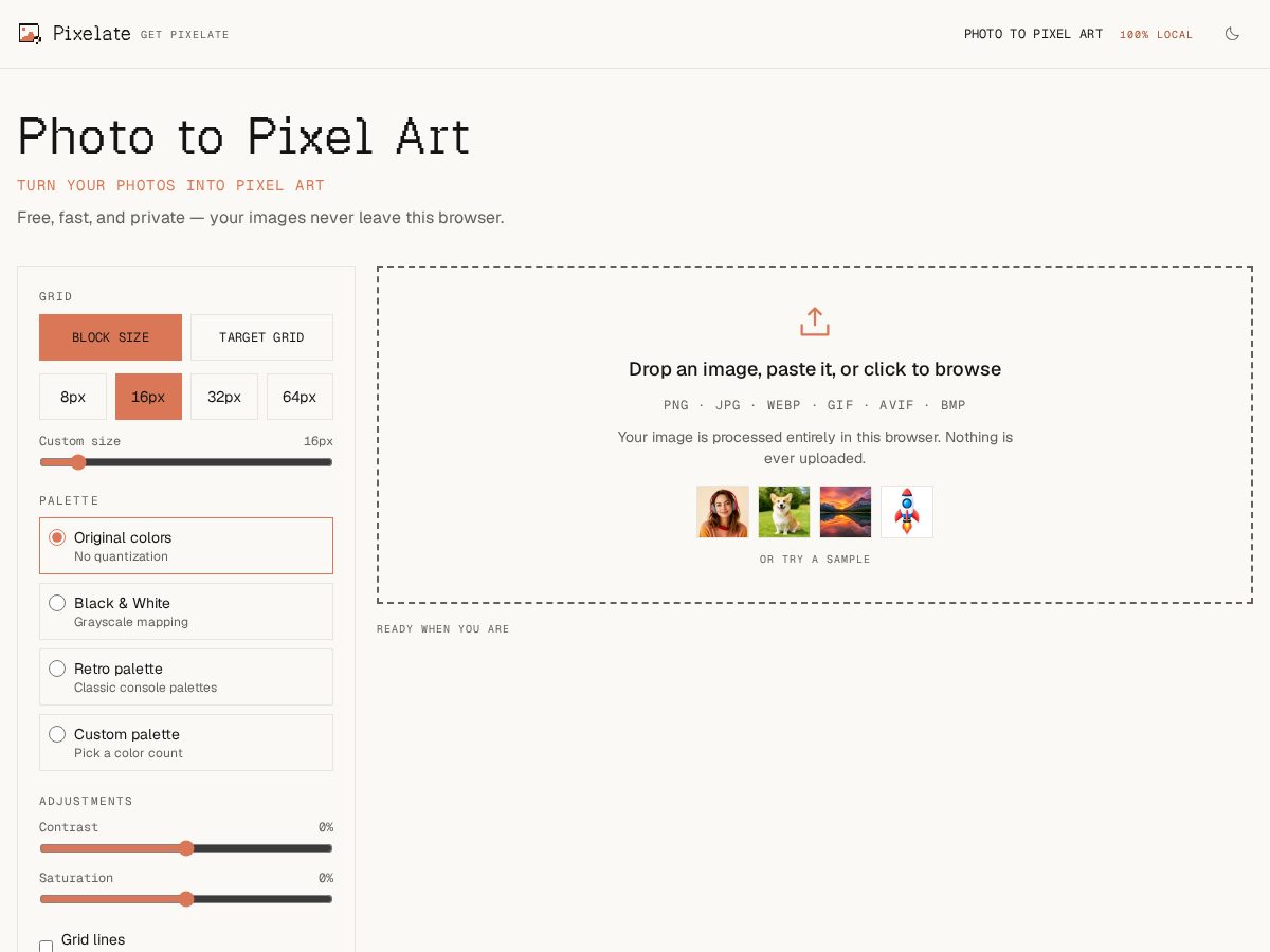 Landing-page snapshot of getpixelate.com
