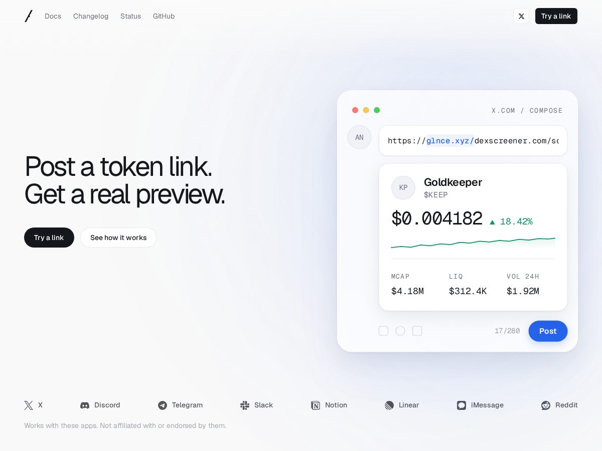 Landing-page snapshot of glnce.xyz