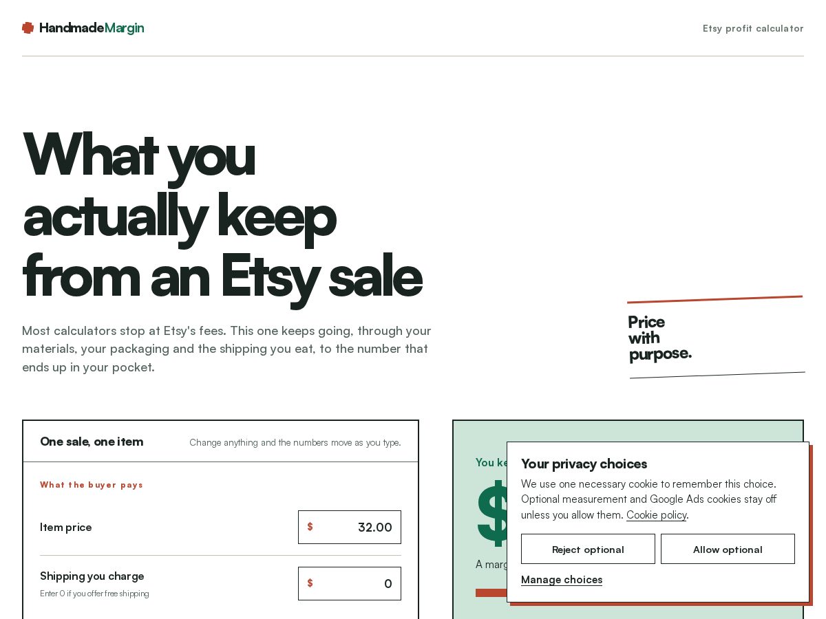 Landing-page snapshot of handmademargin.com