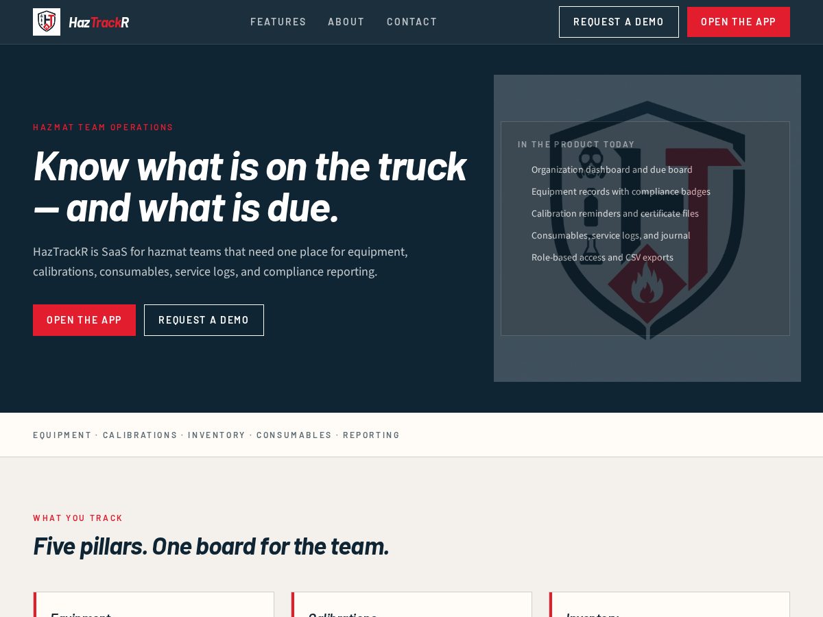 Landing-page snapshot of haztrackr.com