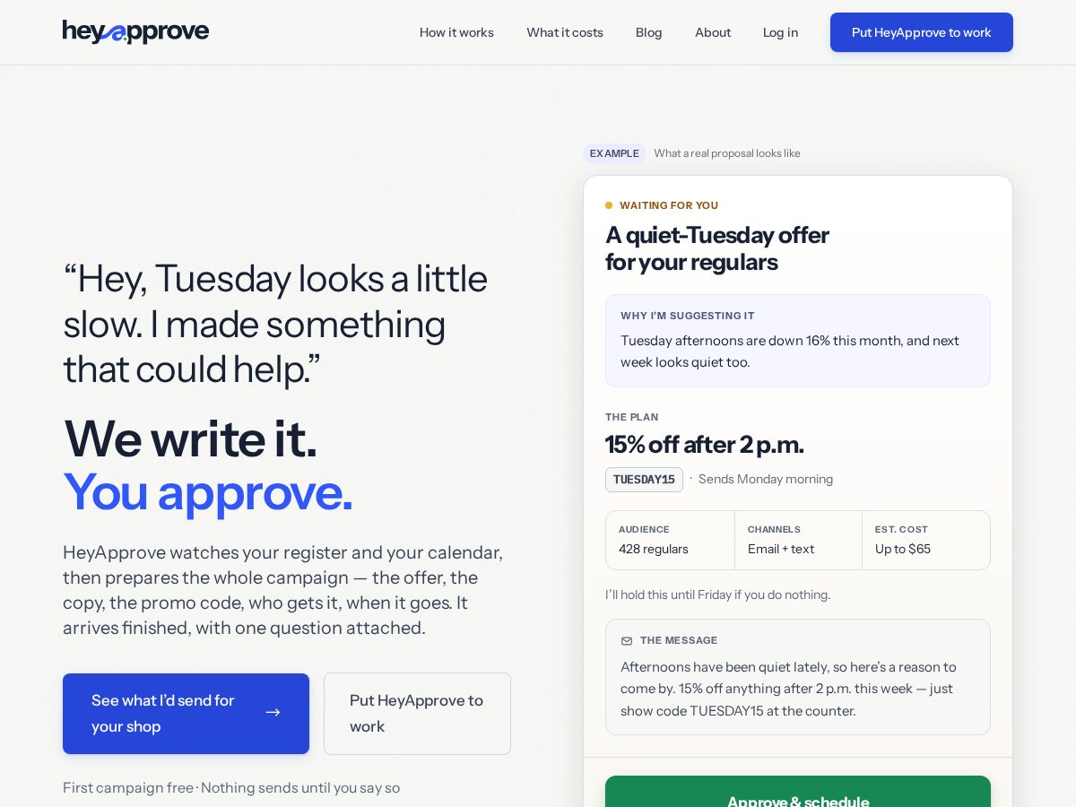 Landing-page snapshot of heyapprove.com
