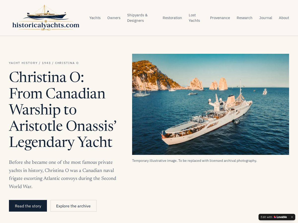 Landing-page snapshot of historicalyachts.com