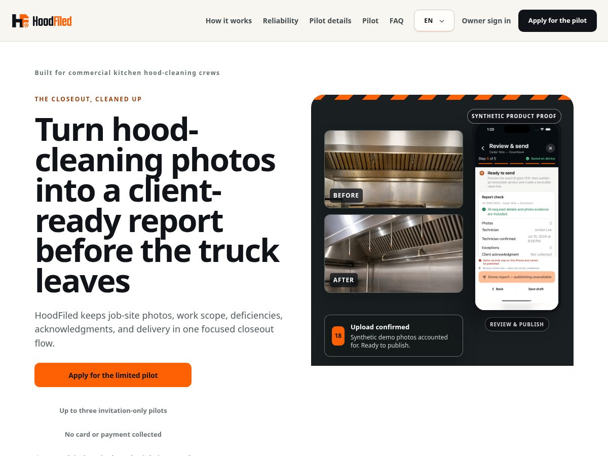 Landing-page snapshot of hoodfiled.app