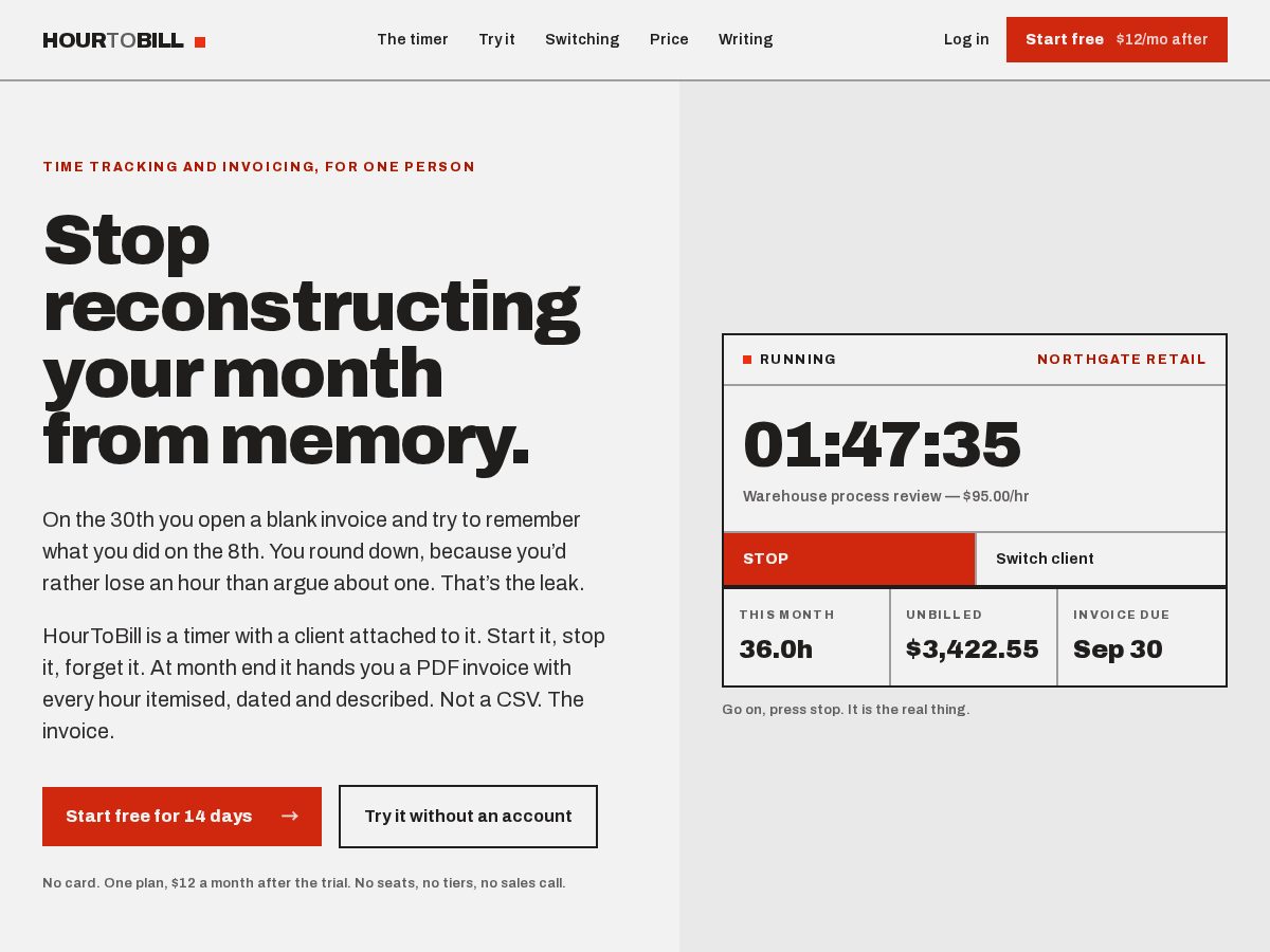 Landing-page snapshot of hourtobill.com
