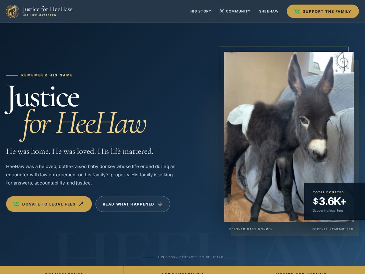 Landing-page snapshot of justiceforheehaw.org
