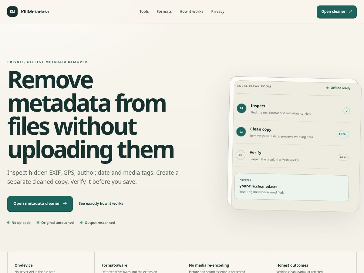 Landing-page snapshot of killmetadata.com