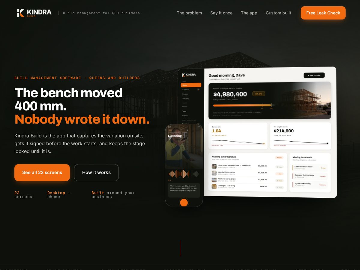 Landing-page snapshot of kindrabuild.app