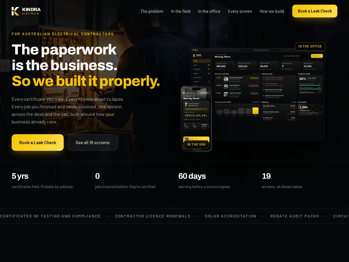 Landing-page snapshot of kindraelectrical.app