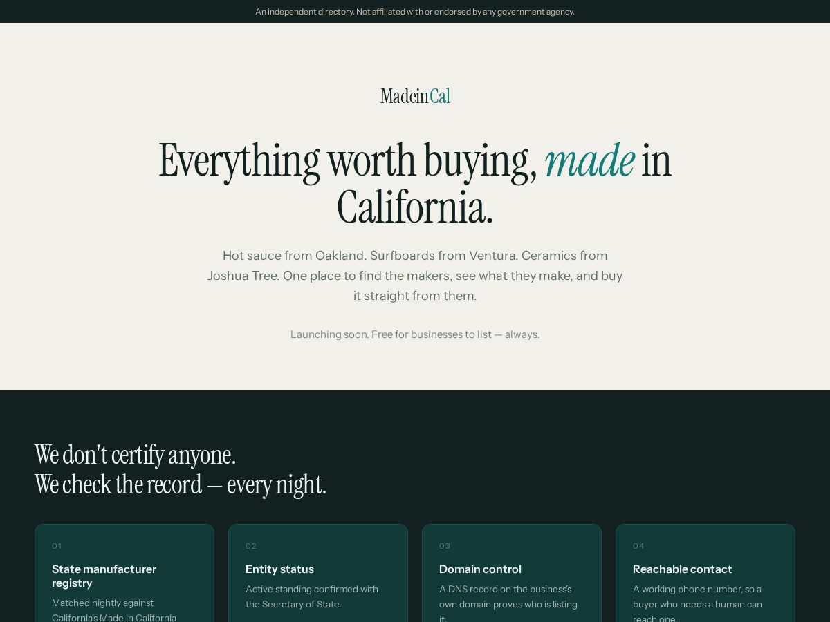 Landing-page snapshot of madeincal.com