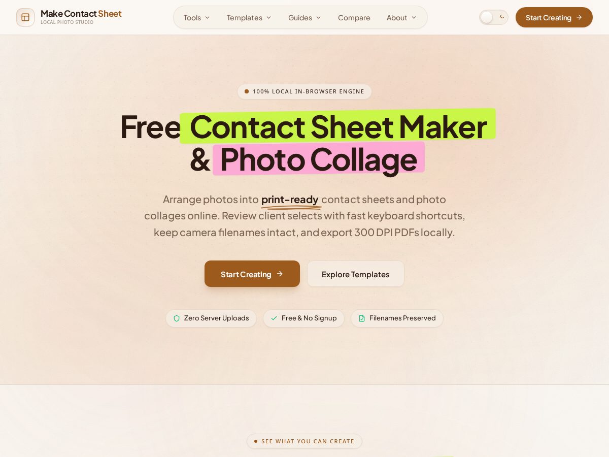 Landing-page snapshot of makecontactsheet.com