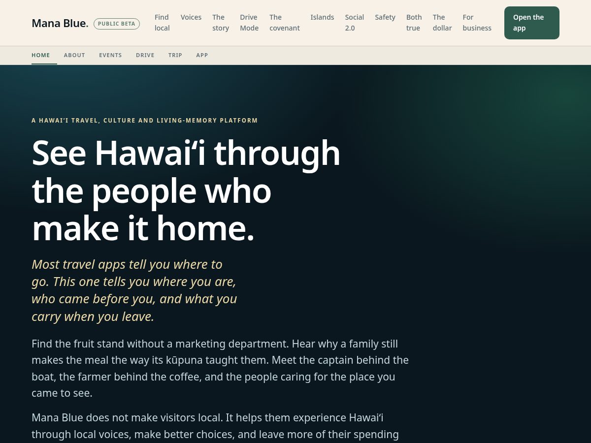 Landing-page snapshot of manabluetravel.com
