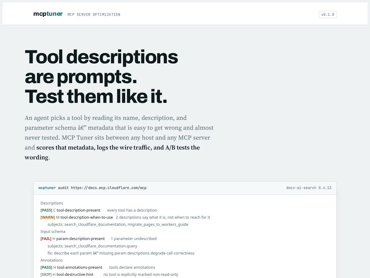 Landing-page snapshot of mcptuner.com
