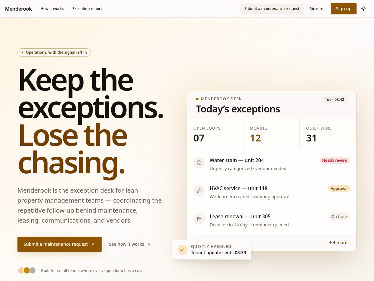 Landing-page snapshot of menderook.com