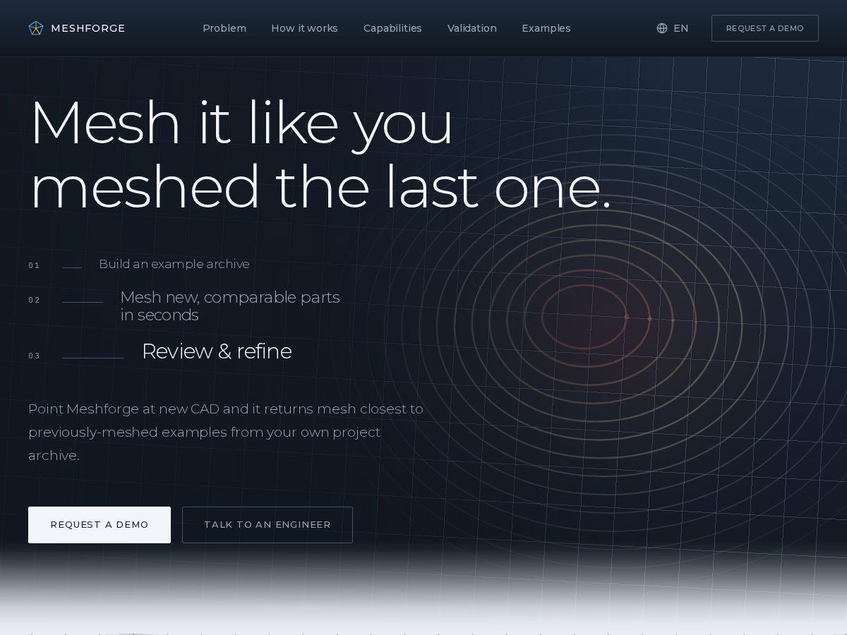 Landing-page snapshot of meshforge-ai.com