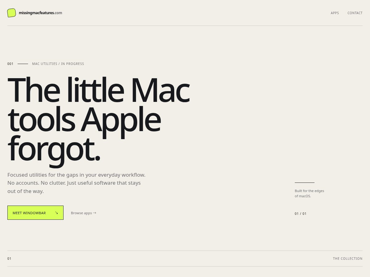Landing-page snapshot of missingmacfeatures.com