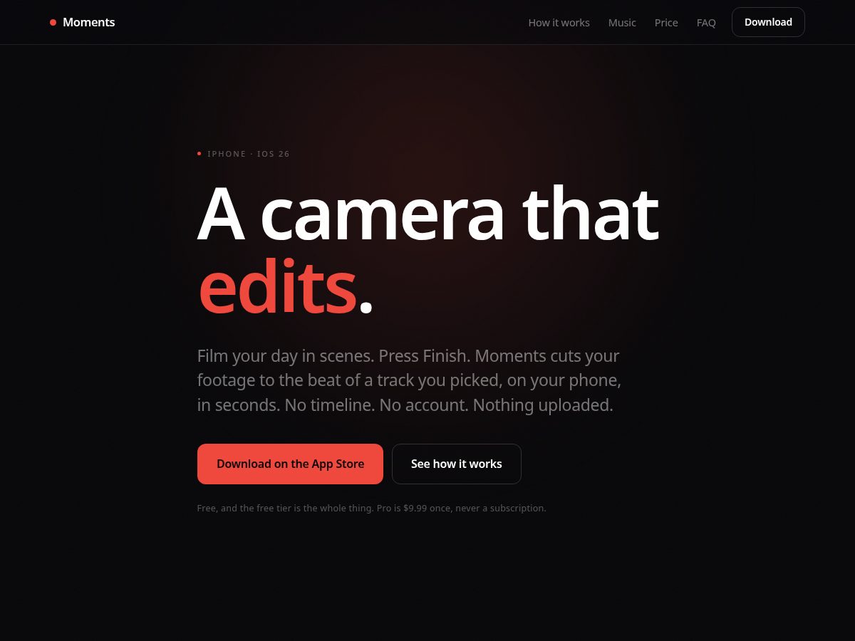 Landing-page snapshot of momentscamera.com