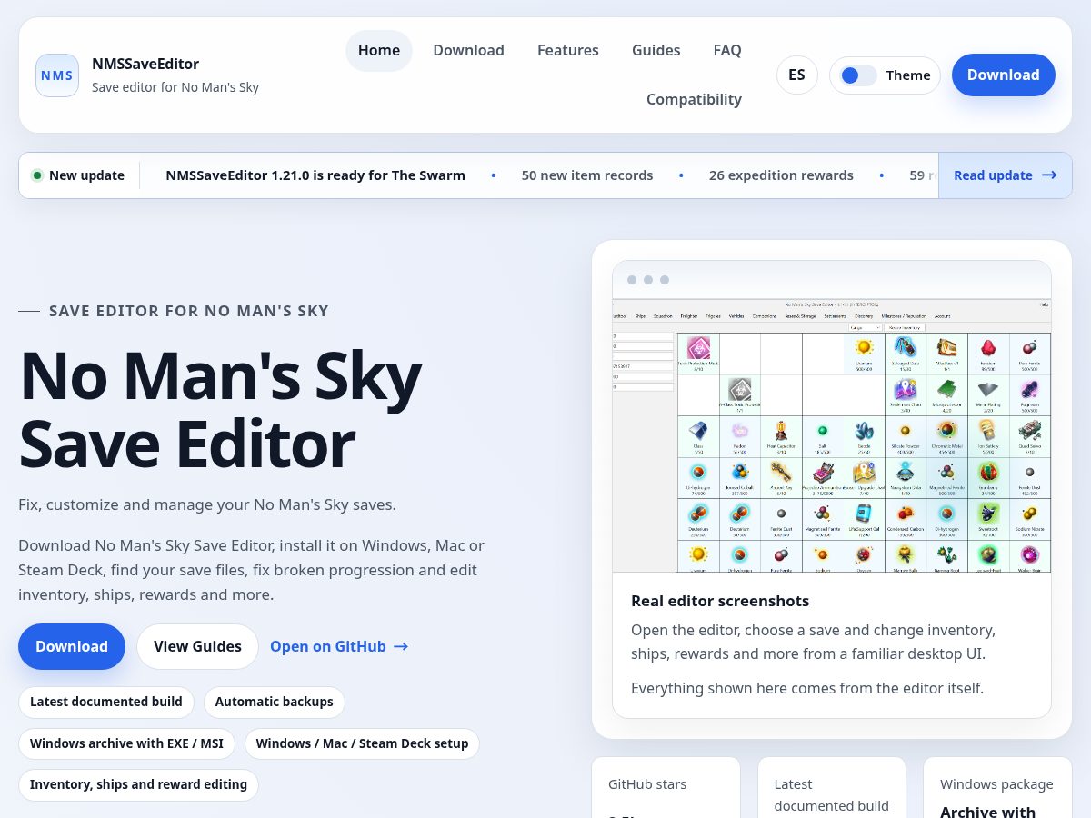 Landing-page snapshot of nmssaveeditor.net