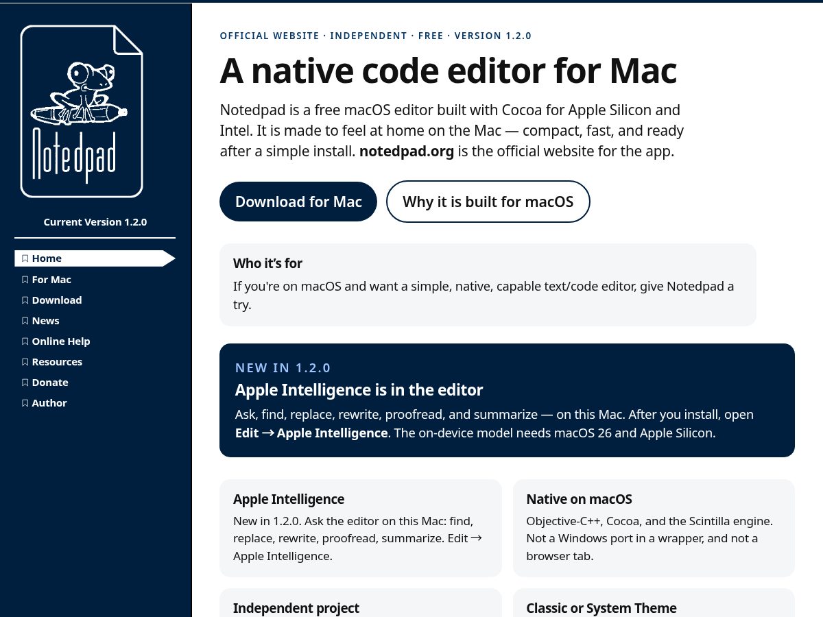 Landing-page snapshot of notedpad.org