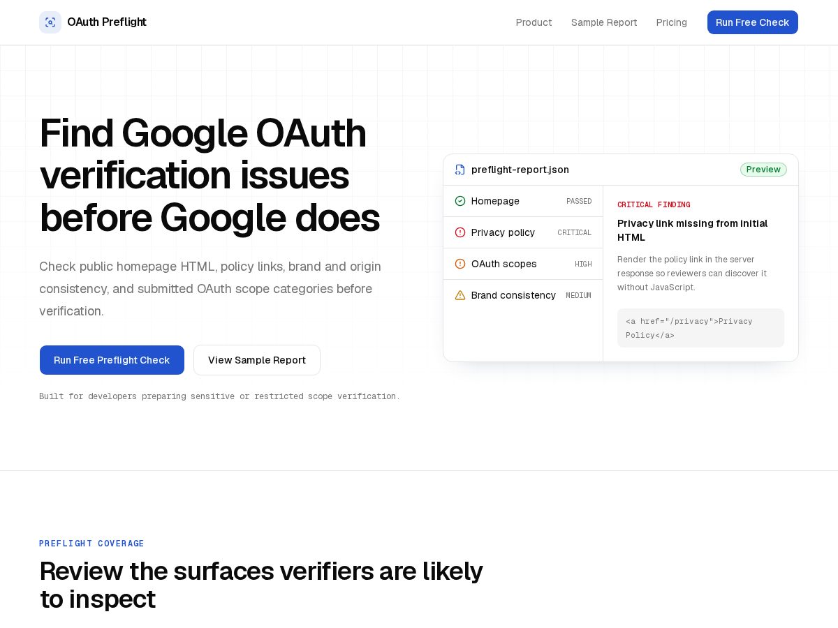 Landing-page snapshot of oauthpreflight.com