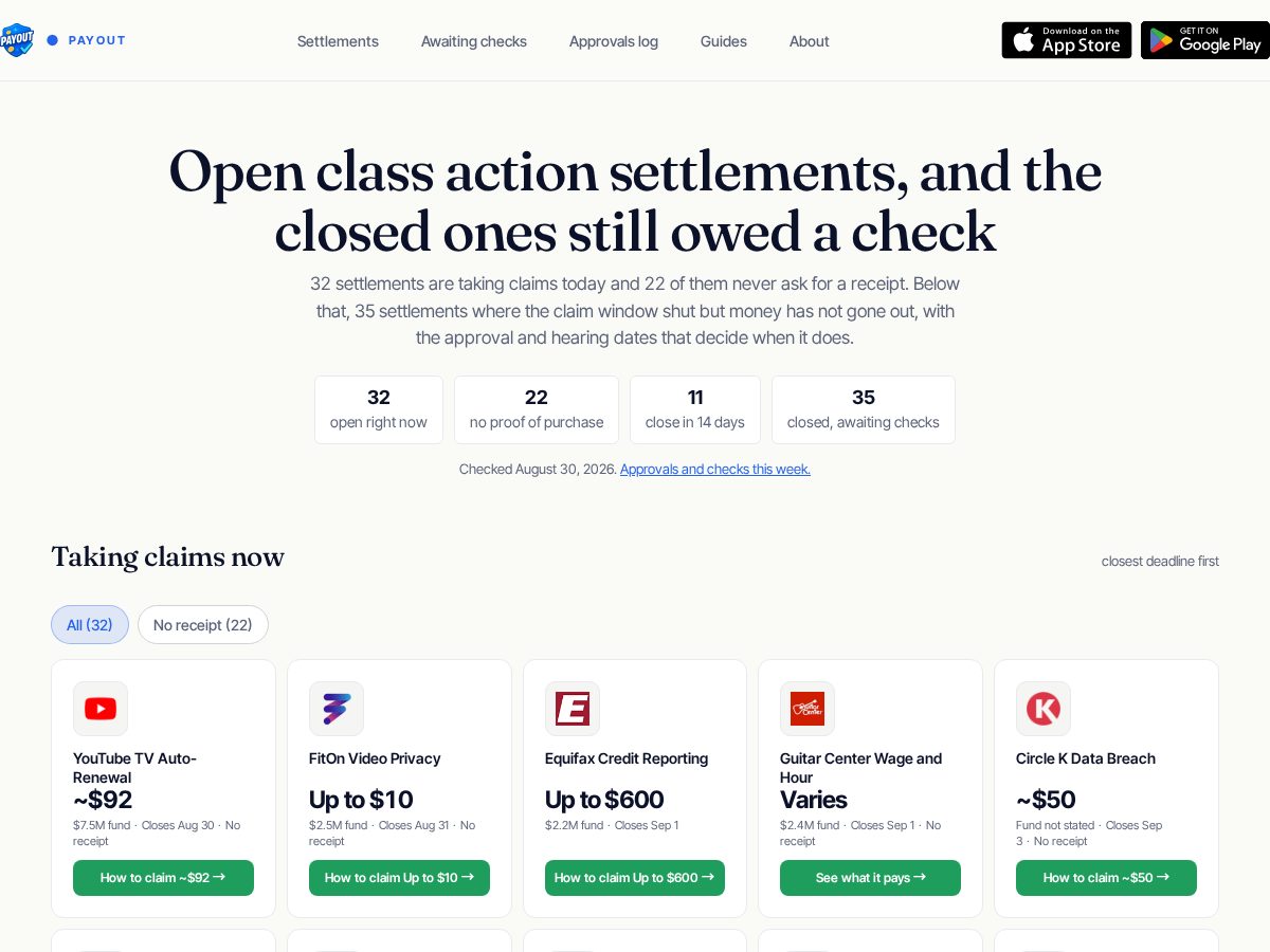 Landing-page snapshot of openclassactionsettlements.com