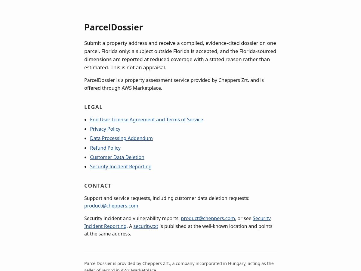 Landing-page snapshot of parceldossier.com