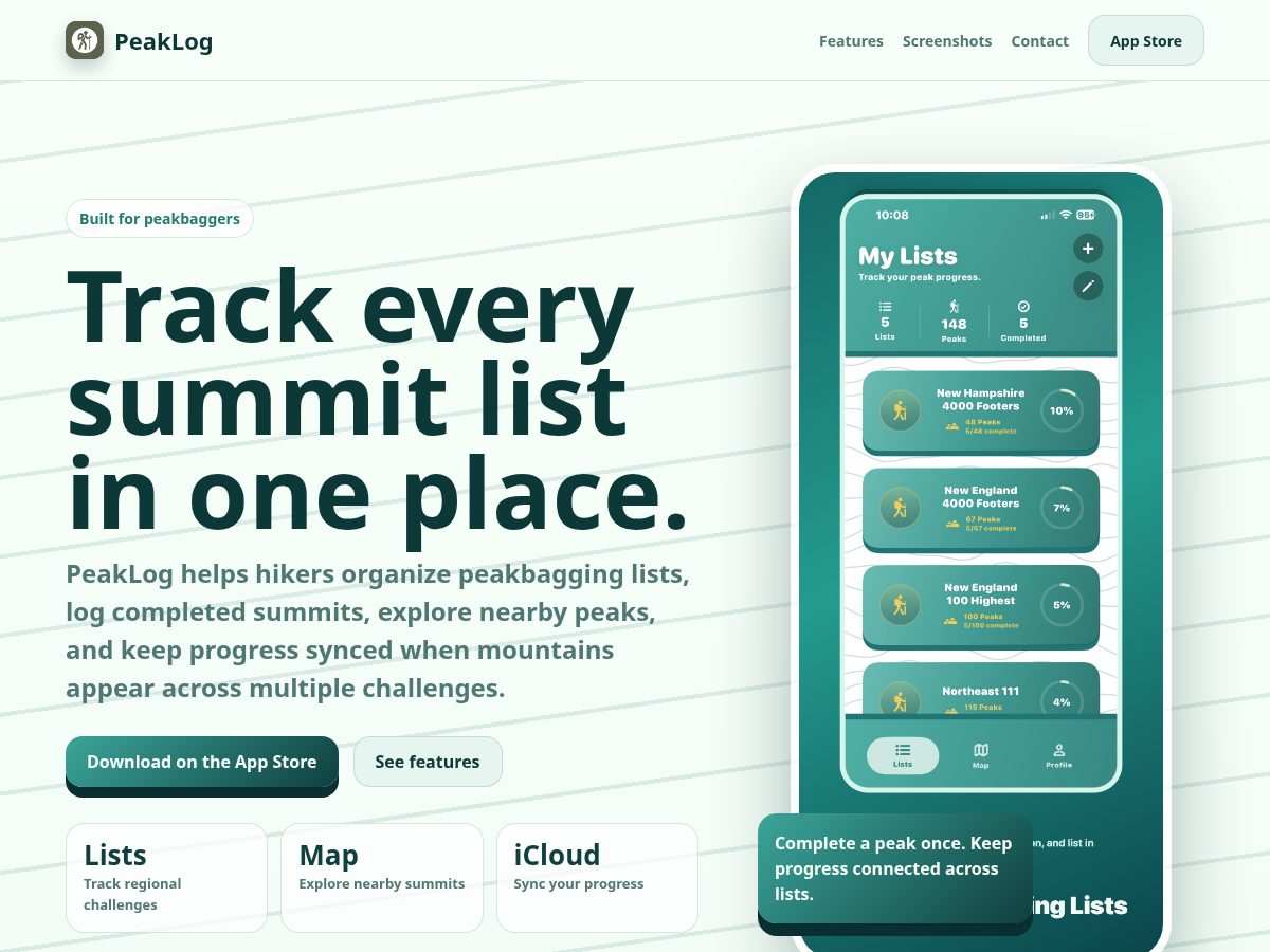 Landing-page snapshot of peaklog.info