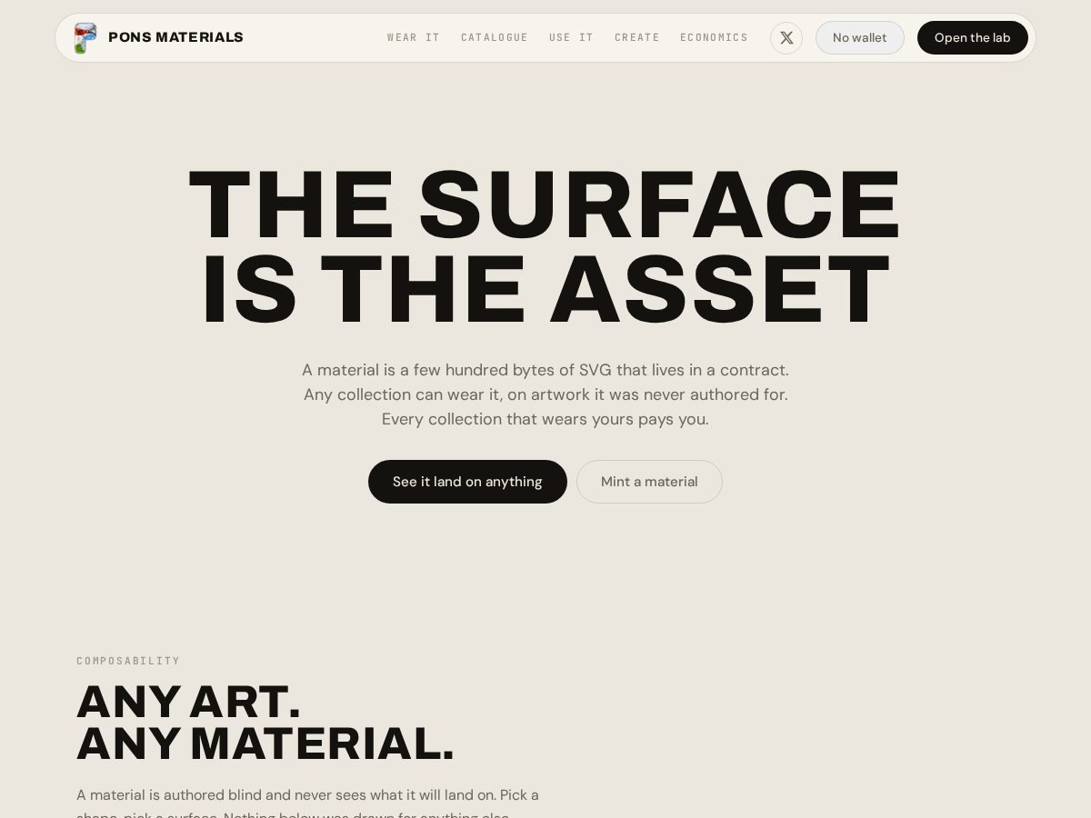 Landing-page snapshot of ponsmaterials.xyz