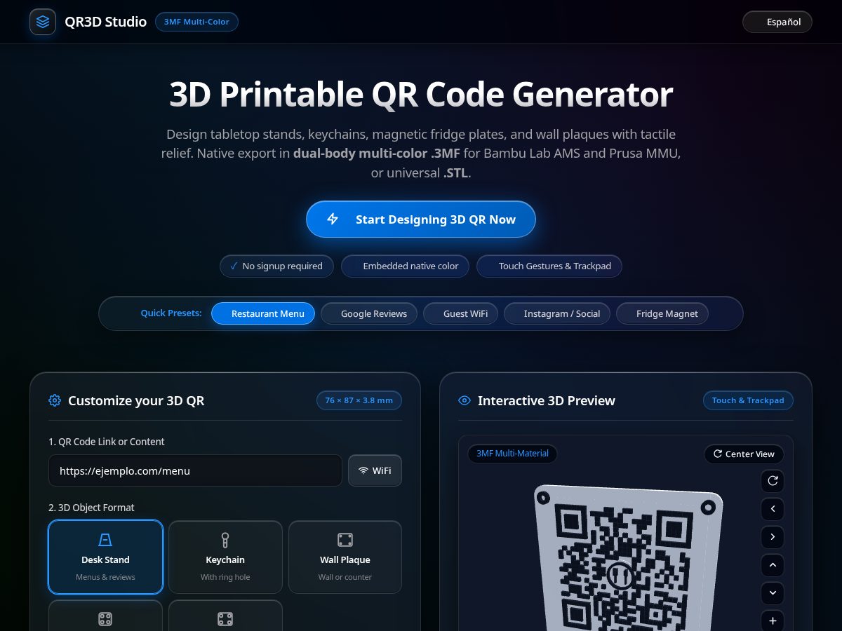 Landing-page snapshot of qr3dstudio.online