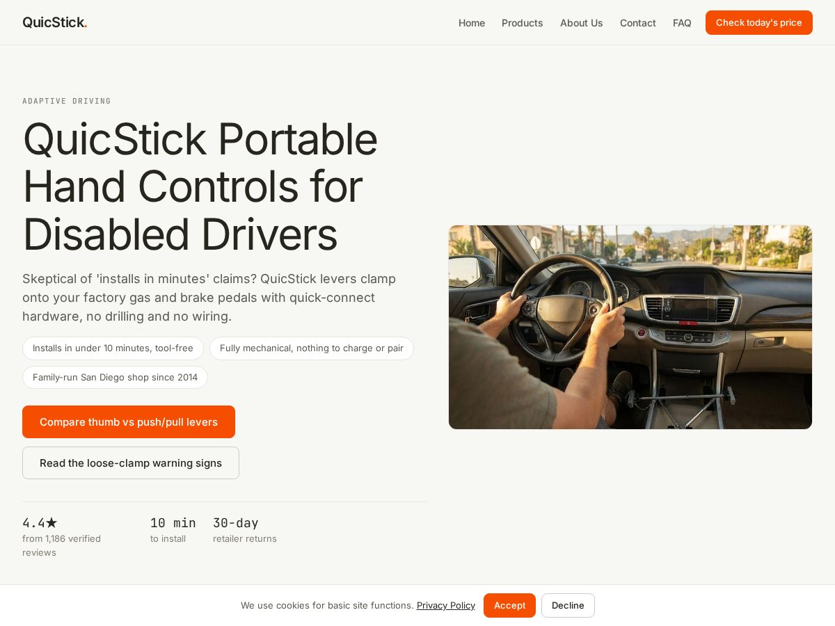 Landing-page snapshot of quicstickhandcontrols.com