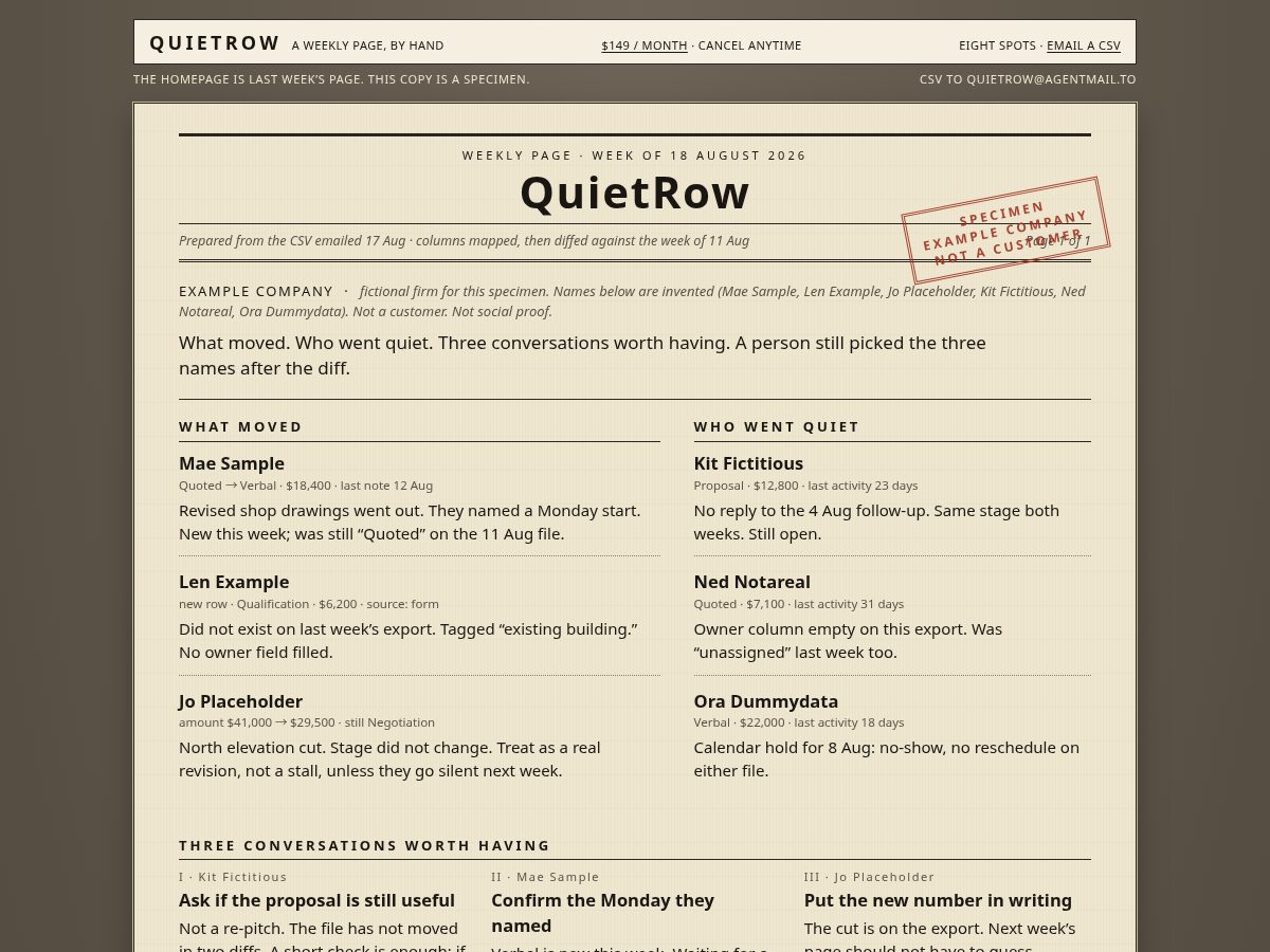 Landing-page snapshot of quietrow.com