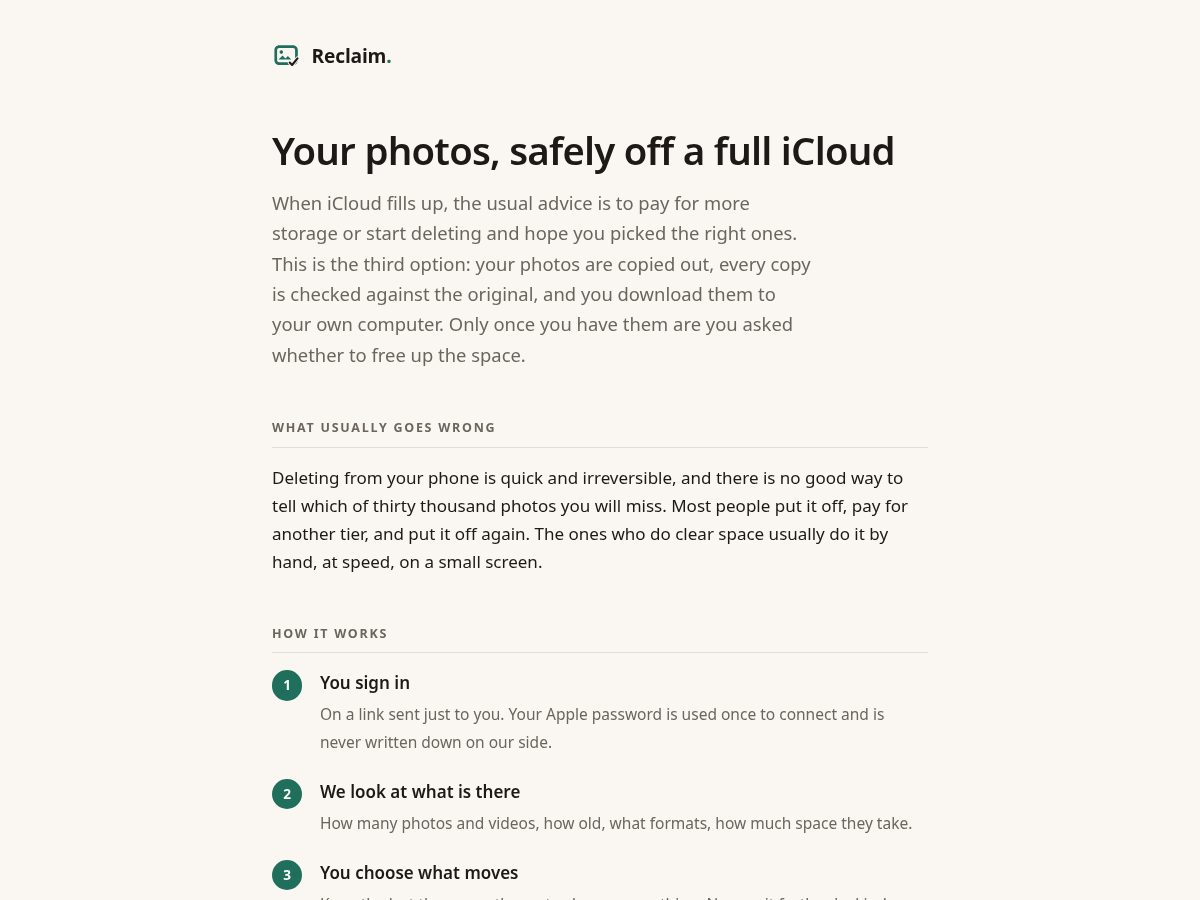 Landing-page snapshot of reclaimphotos.com