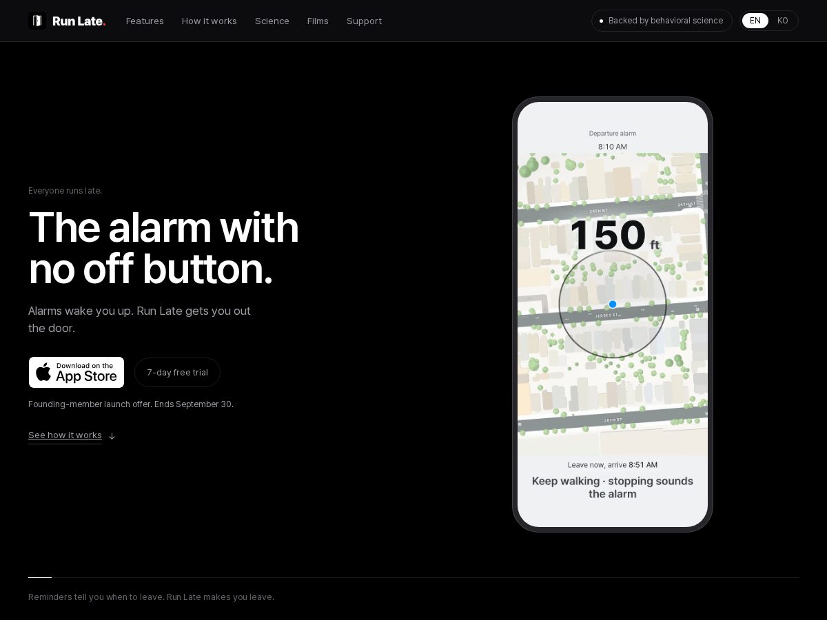 Landing-page snapshot of runlate.app