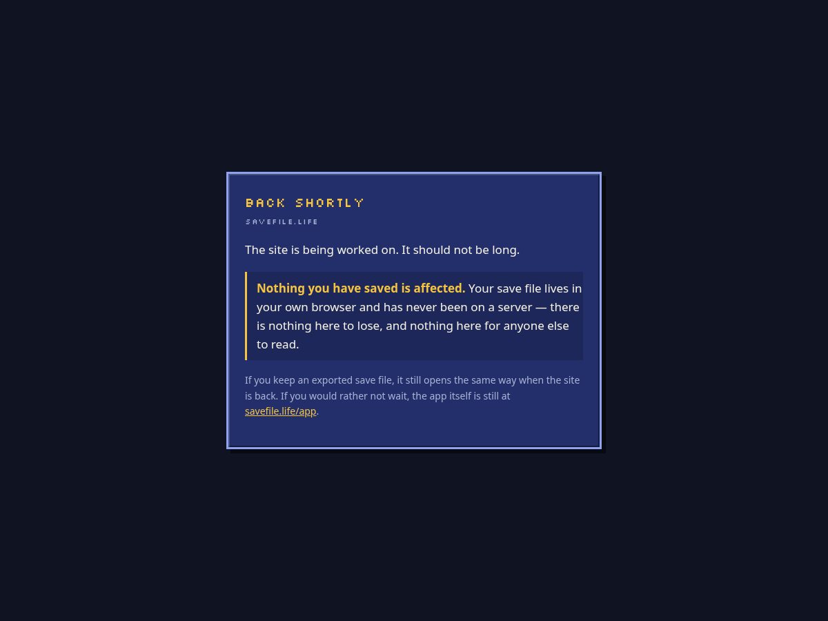 Landing-page snapshot of savefile.life
