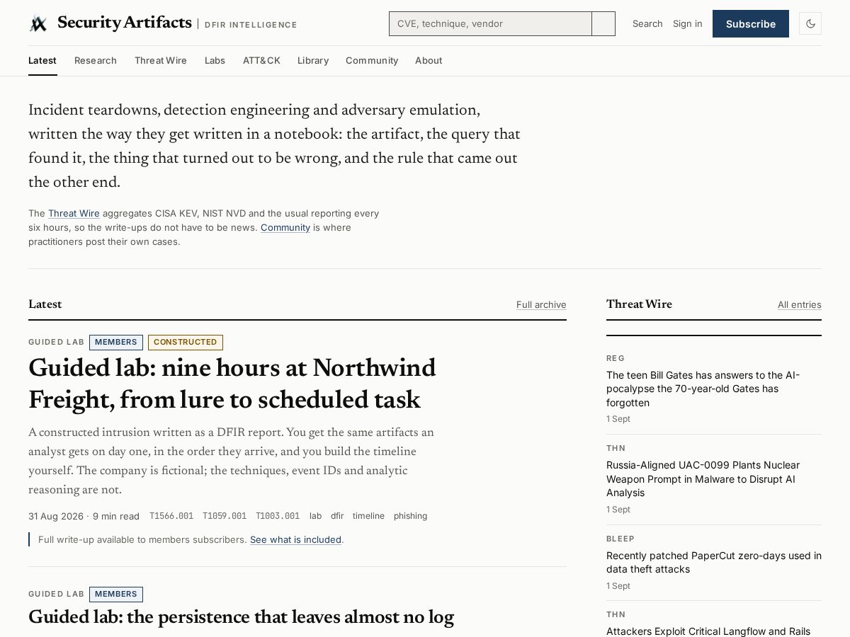 Landing-page snapshot of securityartifacts.com