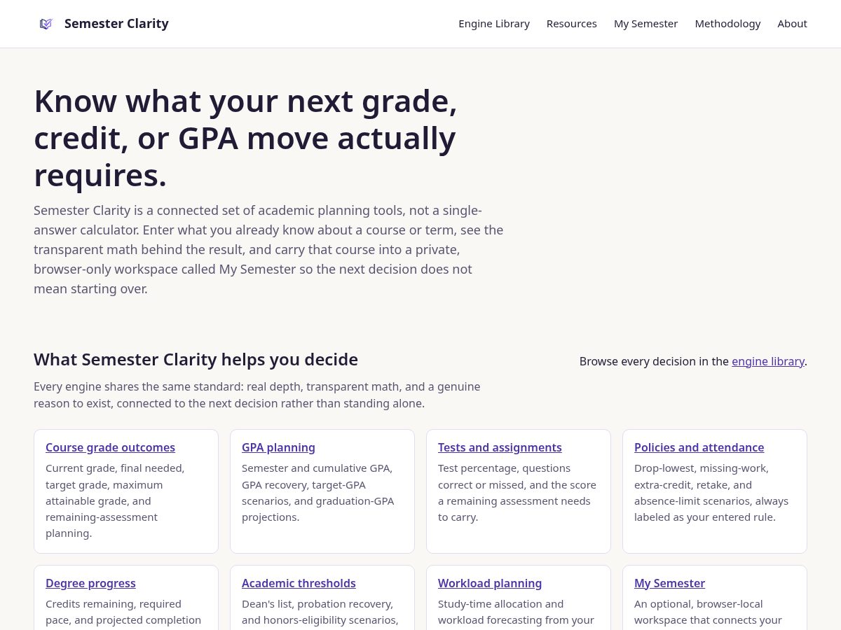 Landing-page snapshot of semesterclarity.com